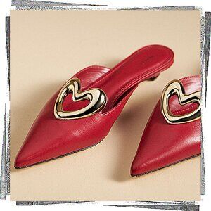 NWT: Red Leather Pointed Toe Mules w Gold Heart Hardware (EU 37) by Maeve